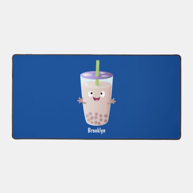 Cute happy bubble tea boba cartoon character  desk mat (Front)