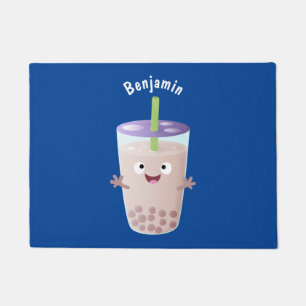 Cute happy bubble tea boba cartoon character doormat