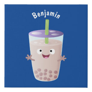 Cute happy bubble tea boba cartoon character faux canvas print