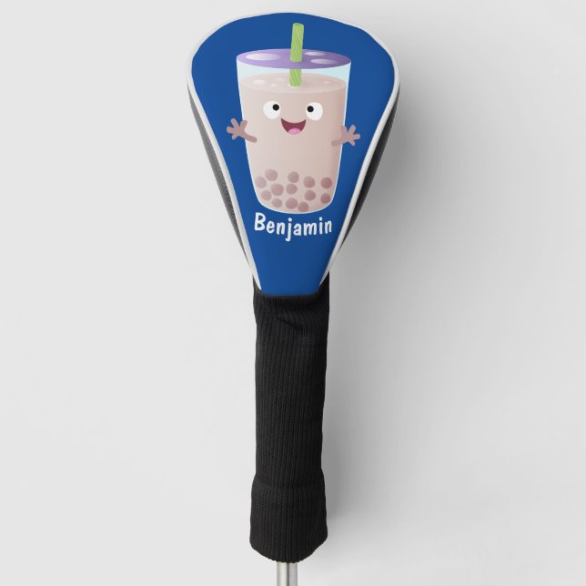 Cute happy bubble tea boba cartoon character golf head cover (Front)