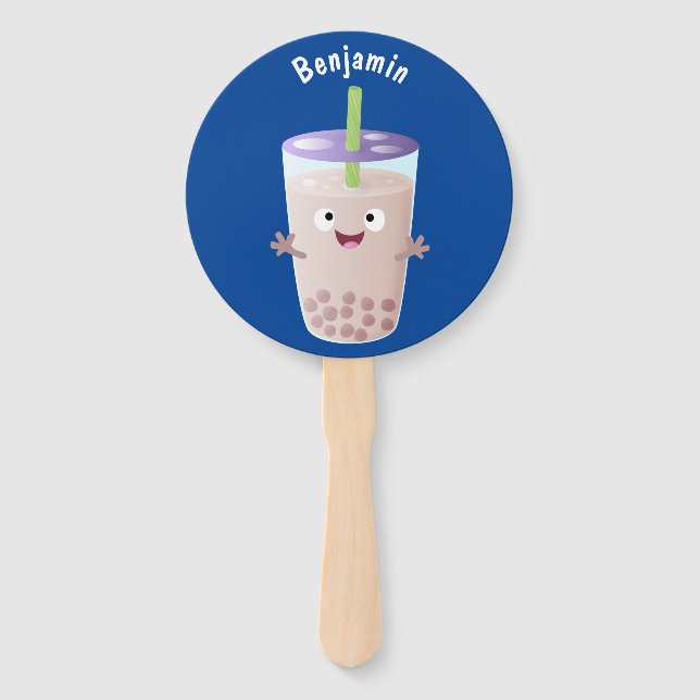 Cute happy bubble tea boba cartoon character  hand fan (Front)