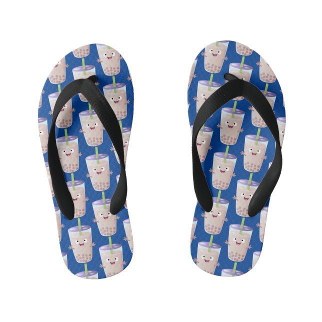 Cute happy bubble tea boba cartoon character kid's flip flops (Footbed)