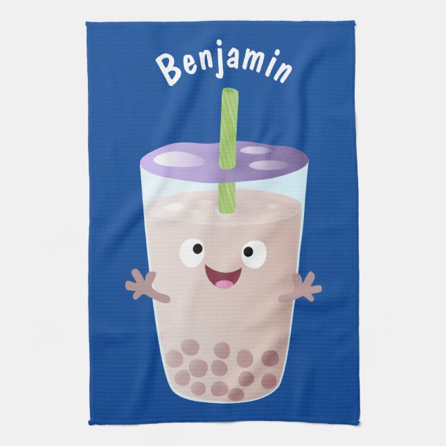 Cute happy bubble tea boba cartoon character kitchen towel (Vertical)