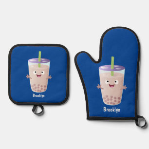 Cute happy bubble tea boba cartoon character oven mitt & pot holder set