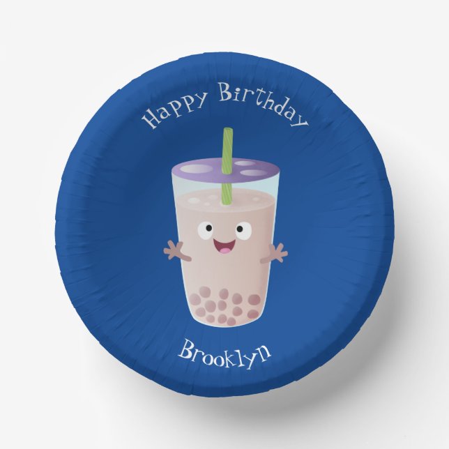 Cute happy bubble tea boba cartoon character paper plate (Front)