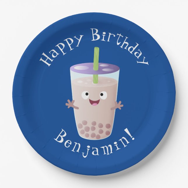 Cute happy bubble tea boba cartoon character paper plate (Front)