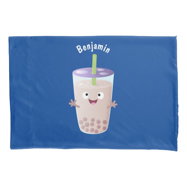 Cute happy bubble tea boba cartoon character pillowcase (Front)