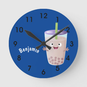 Cute happy bubble tea boba cartoon character round clock
