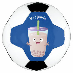 Cute happy bubble tea boba cartoon character soccer ball
