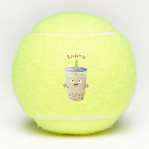 Cute happy bubble tea boba cartoon character  tennis balls