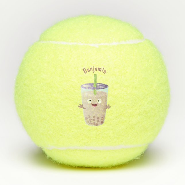 Cute happy bubble tea boba cartoon character  tennis balls (Front)