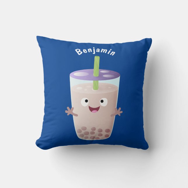Cute happy bubble tea boba cartoon character  throw pillow (Front)
