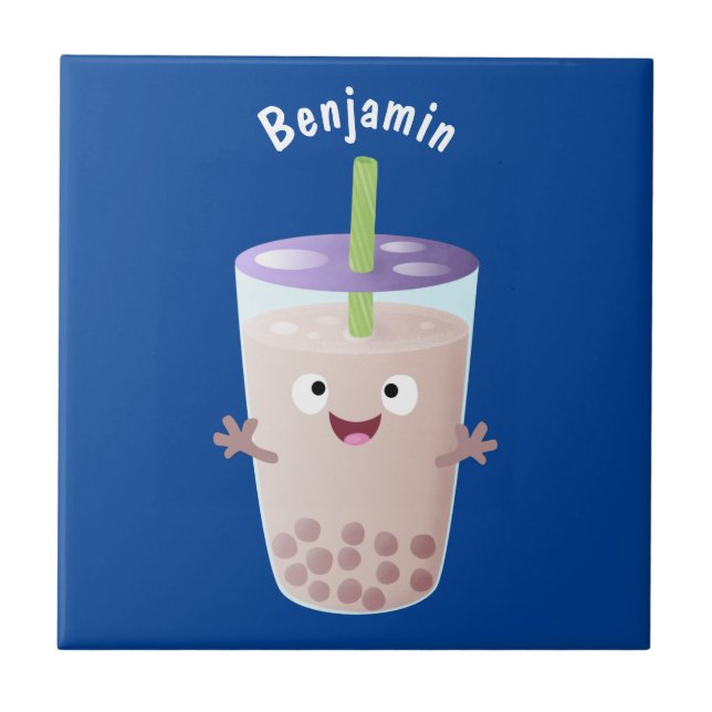 Cute happy bubble tea boba cartoon character tile (Front)