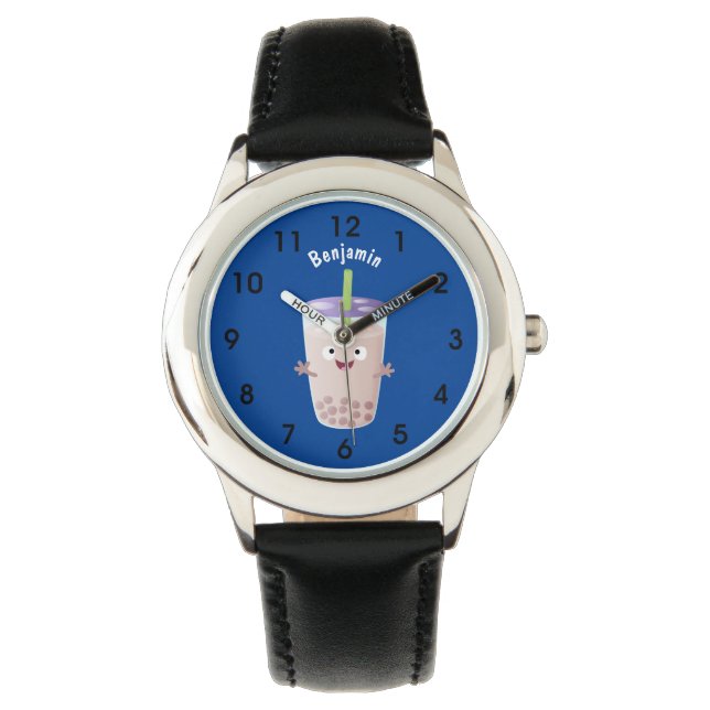 Cute happy bubble tea boba cartoon character  watch (Front)