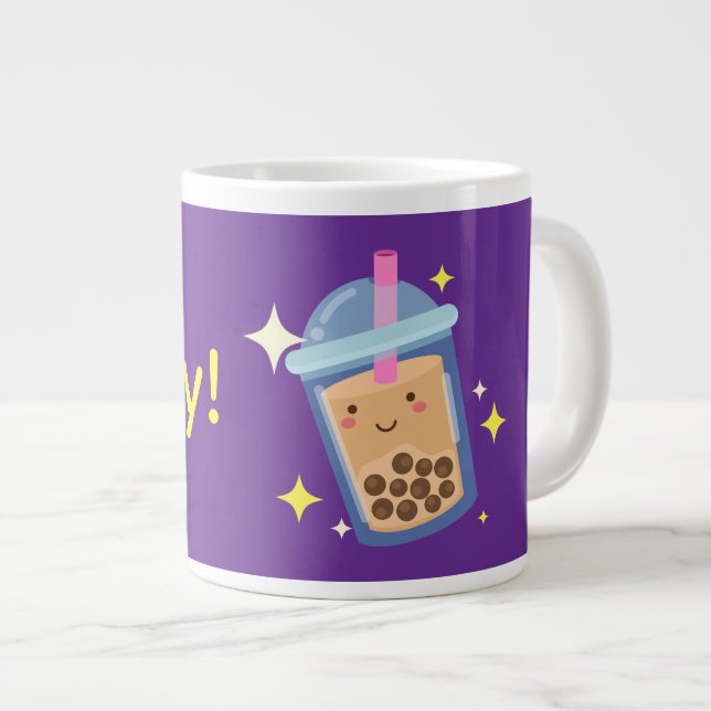 Cute Happy Bubble Tea Design  Large Coffee Mug (Front Right)