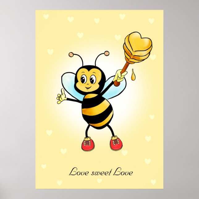 Cute Happy Bumble Bee & Honeycomb with Hearts Poster (Front)
