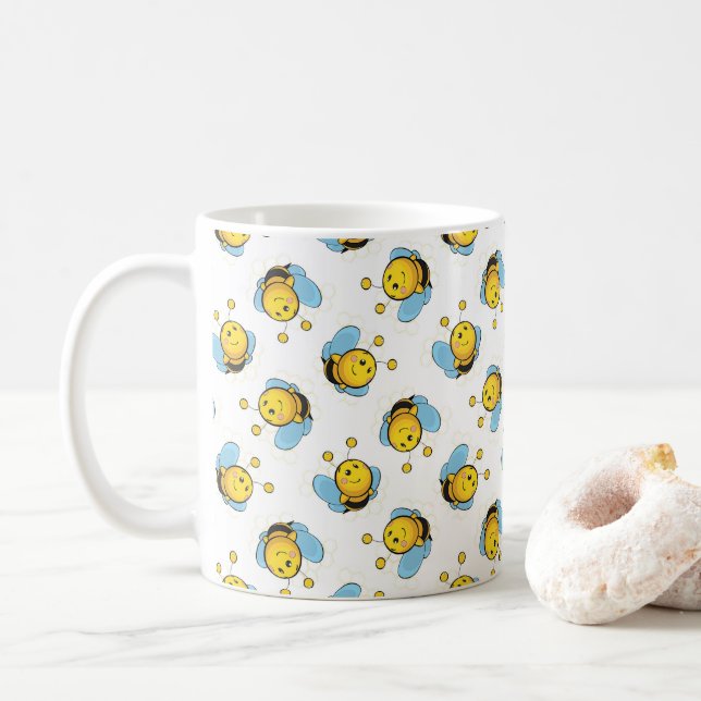 Cute happy bumble bee pattern white coffee mug (With Donut)