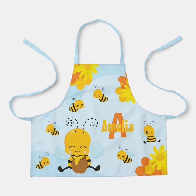 Cute Happy Bumble Bee with Flowers Little Kid Apron (Front)