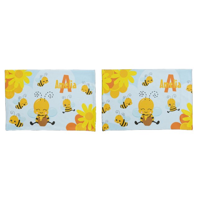 Cute Happy Bumble Bee with Flowers Little Kid Pillowcase (Front-Set)