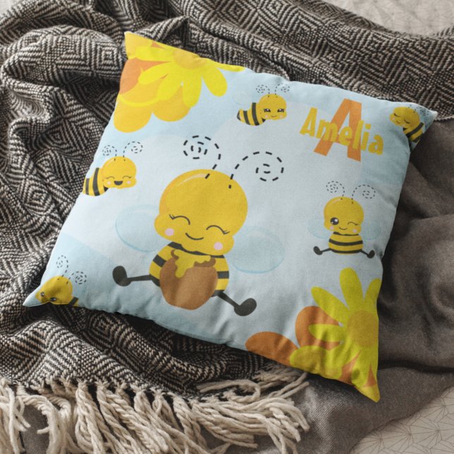 Cute Happy Bumble Bee with Flowers Little Kid Throw Pillow (Creator Uploaded)
