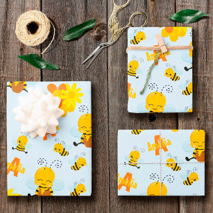 Cute Happy Bumble Bee with Flowers Little Kid Wrapping Paper Sheet