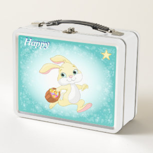 Cute happy bunny and star on light blue metal lunch box