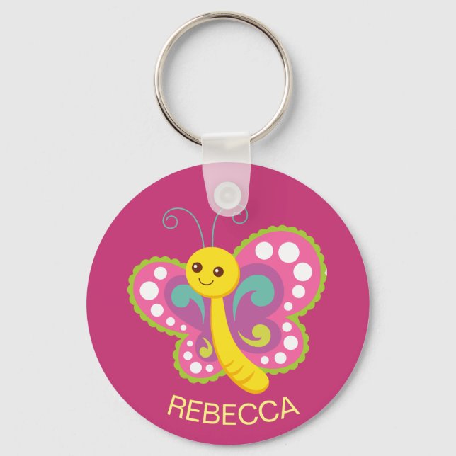 Cute Happy Butterfly Custom Pink Personalised Keychain (Front)