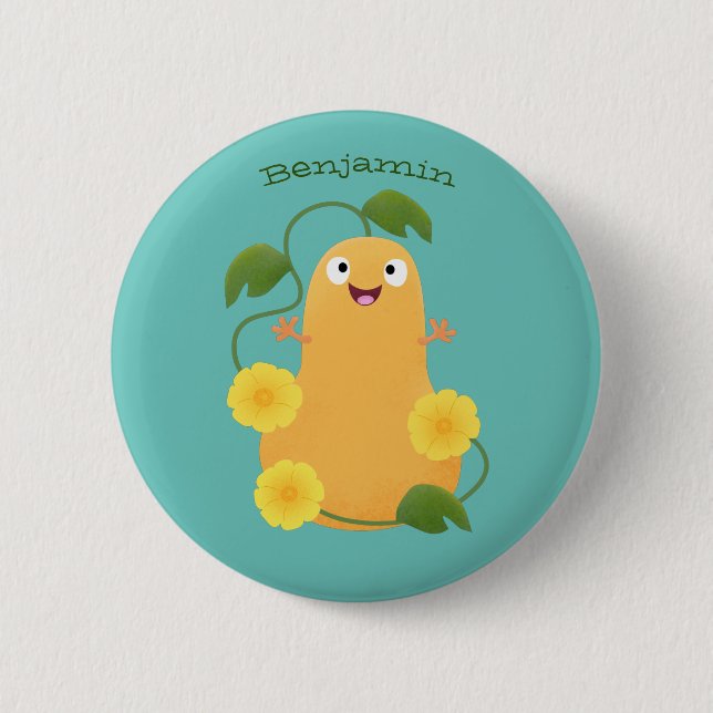 Cute happy butternut pumpkin gourd cartoon 2 inch round button (Front)