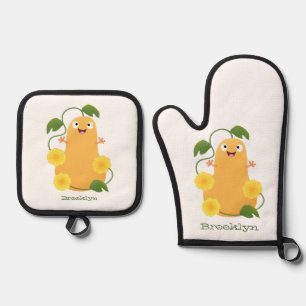 Cute happy butternut pumpkin gourd cartoon oven mitt & pot holder set