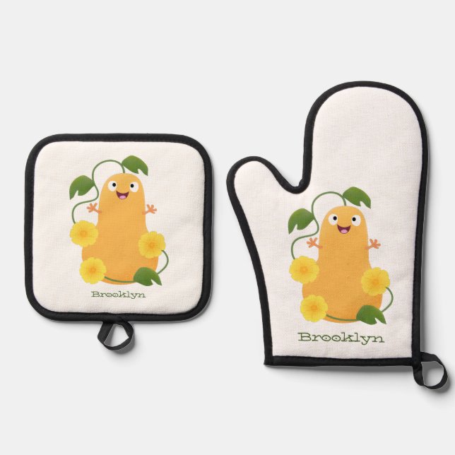 Cute happy butternut pumpkin gourd cartoon oven mitt & pot holder set (Front)