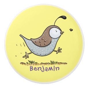 Cute happy californian quail cartoon illustration ceramic knob