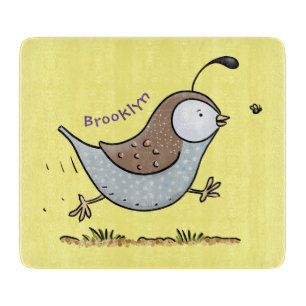 Cute happy californian quail cartoon illustration cutting board