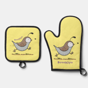 Cute happy californian quail cartoon illustration oven mitt & pot holder set