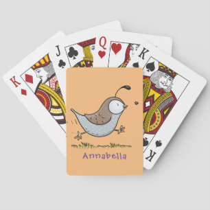 Cute happy californian quail cartoon illustration playing cards