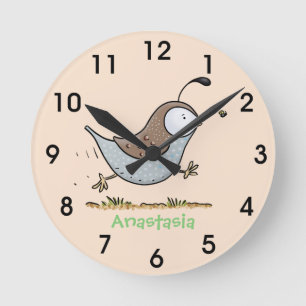 Cute happy californian quail cartoon illustration round clock