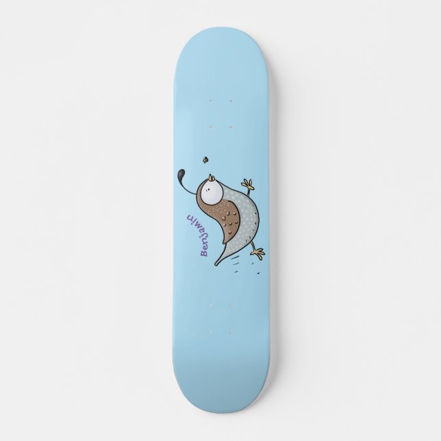 Cute happy californian quail cartoon illustration skateboard (Front)