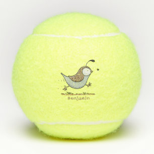 Cute happy californian quail cartoon illustration tennis balls