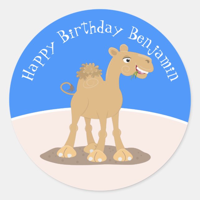 Cute happy camel cartoon illustration classic round sticker (Front)