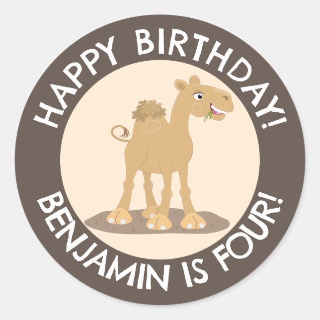 Cute happy camel personalized birthday cartoon classic round sticker (Front)