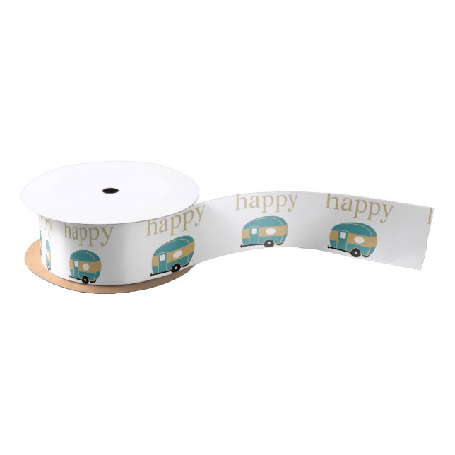 Cute Happy Camp Personality Teal Travel Trailer Satin Ribbon (Spool)