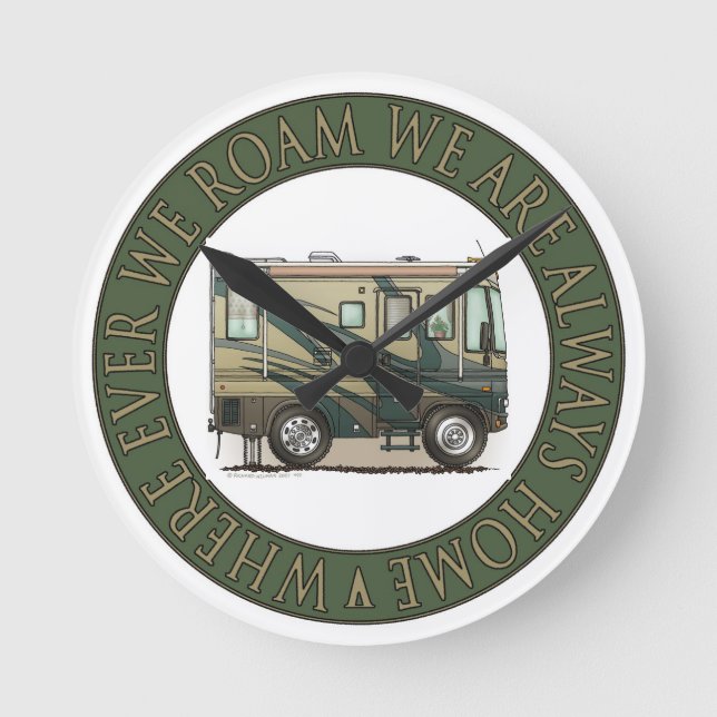 Cute Happy Camper Big RV Coach Motorhome Round Clock (Front)