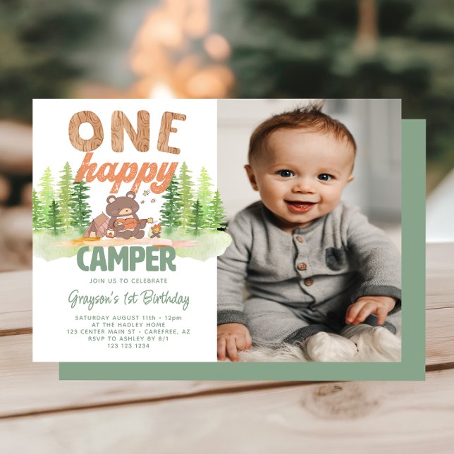 Cute Happy Camper Photo 1st Birthday Invitation (Creator Uploaded)