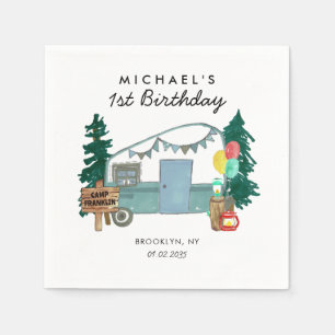 Cute Happy Camper Van Trees Camping 1st Birthday Napkin