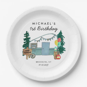 Cute Happy Camper Van Trees Camping 1st Birthday Paper Plate