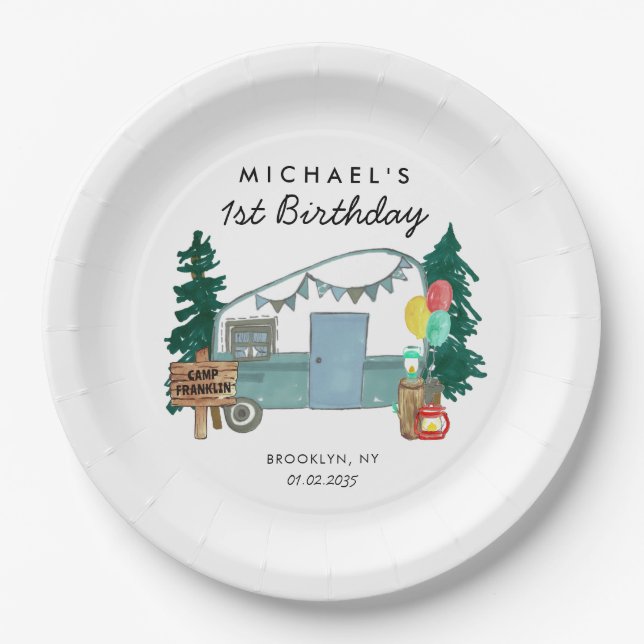 Cute Happy Camper Van Trees Camping 1st Birthday Paper Plate (Front)
