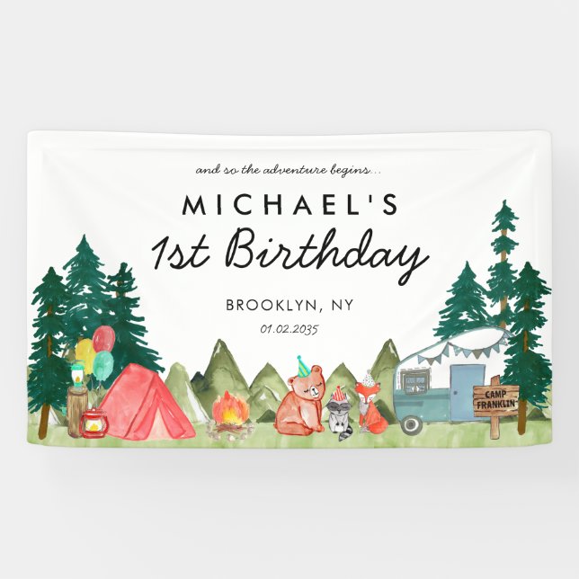 Cute Happy Camper Van Trees Camping Kids Birthday Banner (Horizontal)