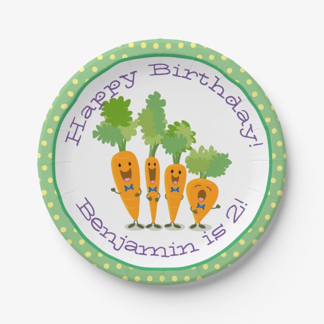 Cute happy carrots cartoon illustration paper plate (Front)