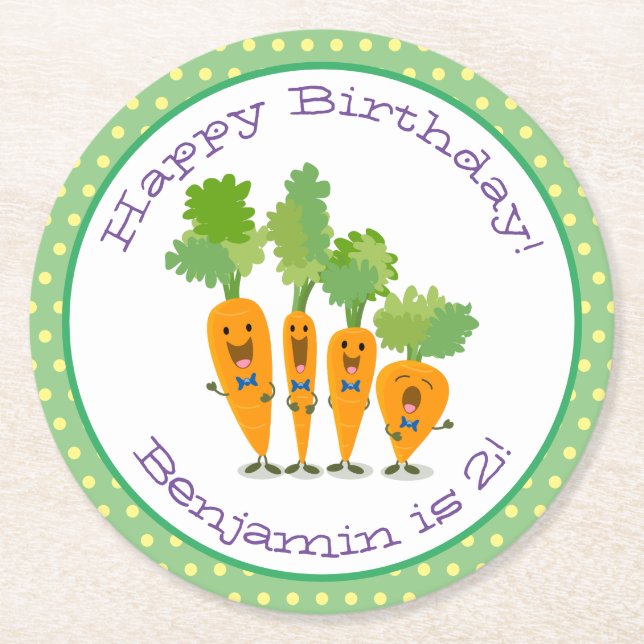 Cute happy carrots cartoon illustration round paper coaster (Front)