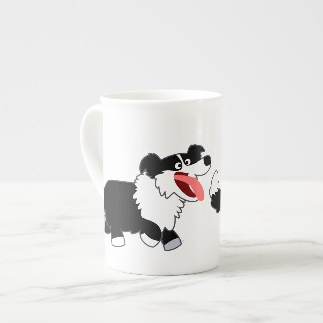 Cute Happy Cartoon Border Collie Bone China Mug (Front Left)