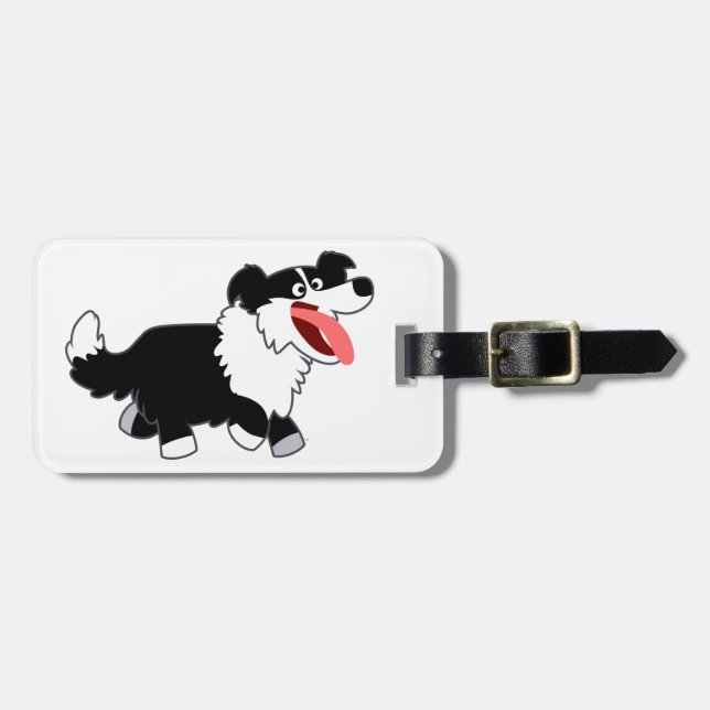 Cute Happy Cartoon Border Collie Luggage Tag (Front Horizontal)